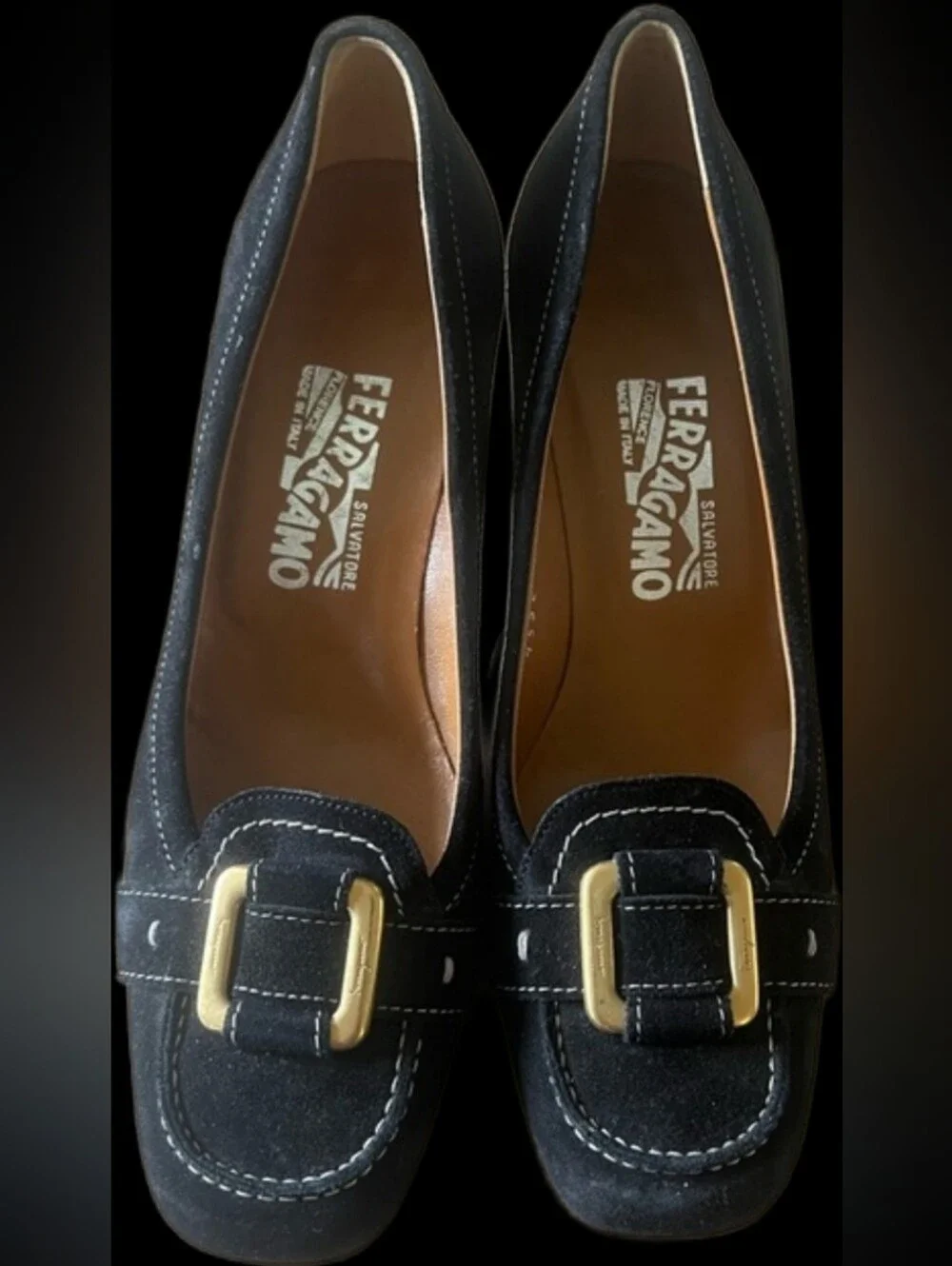 Salvatore Ferragamo - Black Suede Chunky Heel w/Gold Buckle Accent - Sz 7.5